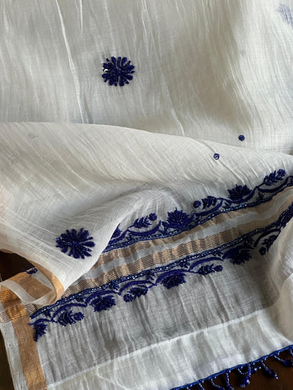 Indigo White Mal Chanderi Silk Chikankari Unstitched Fabric