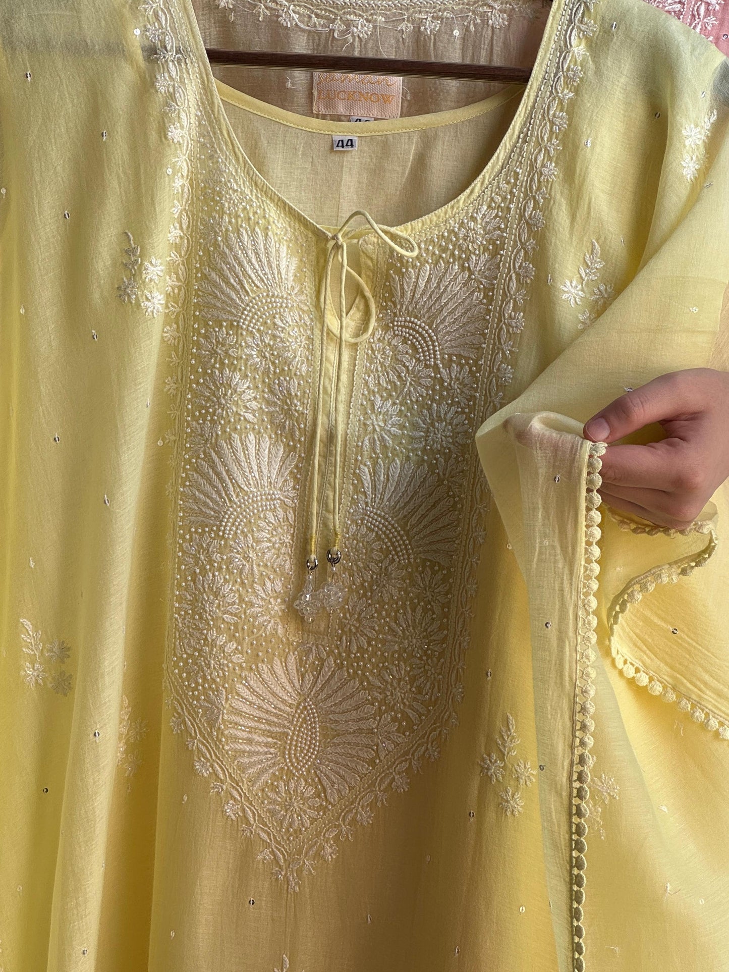 Soft Yellow Malmal Sequinned Chikankari Kaftan