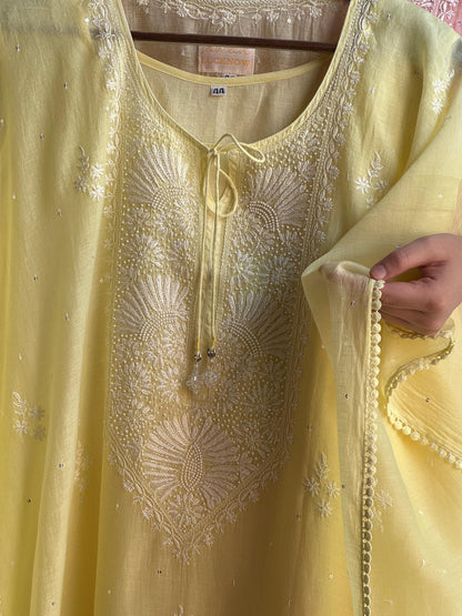 Soft Yellow Malmal Sequinned Chikankari Kaftan