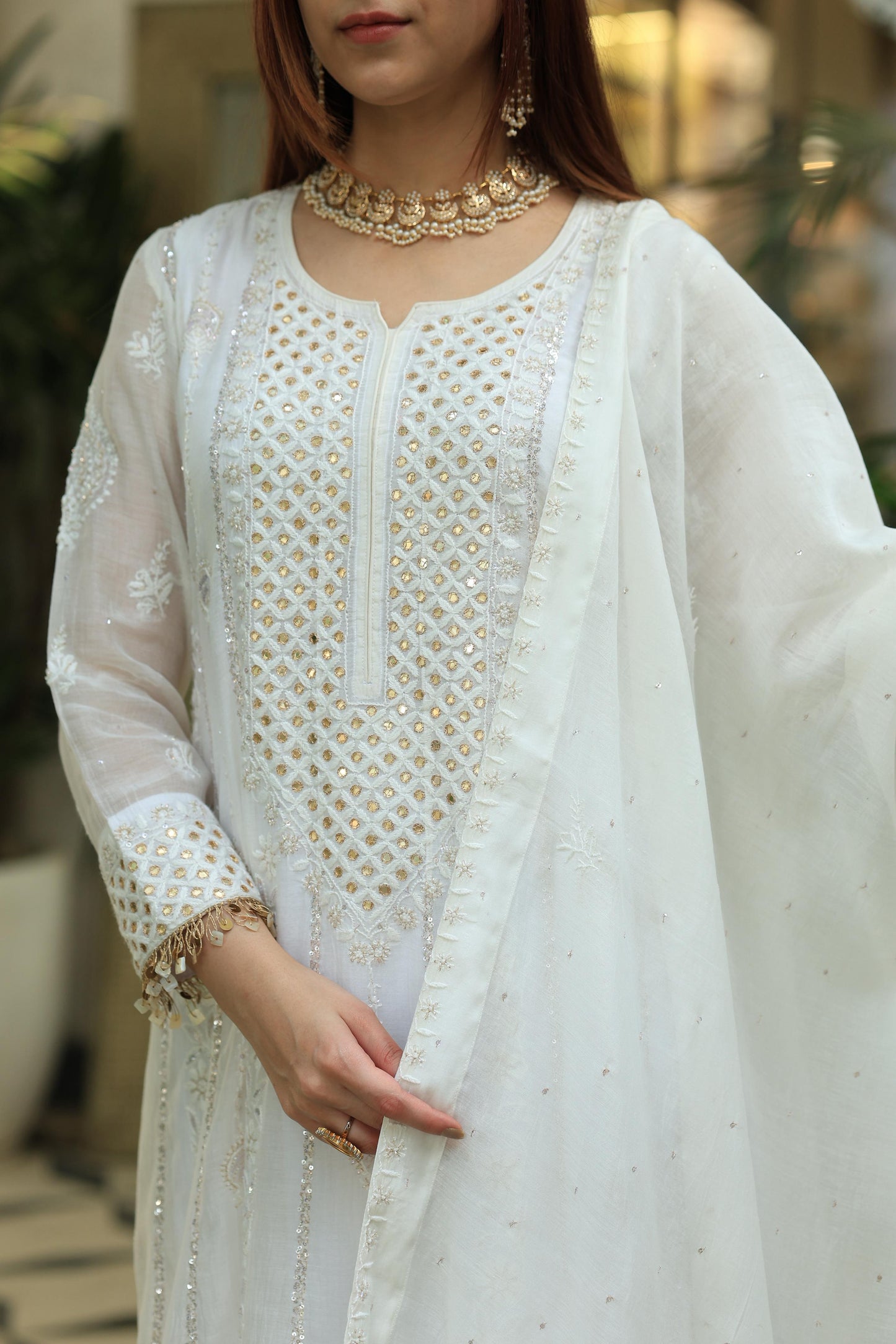 White Malmal Pearl Work Chikankari A Line Kalidar Kurta With Dupatta
