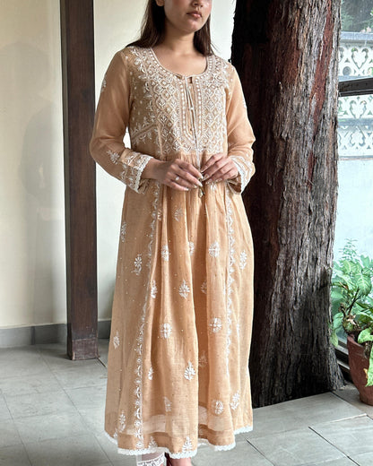 Beige Kota Chikankari with Mukaish Kamdani Tunics