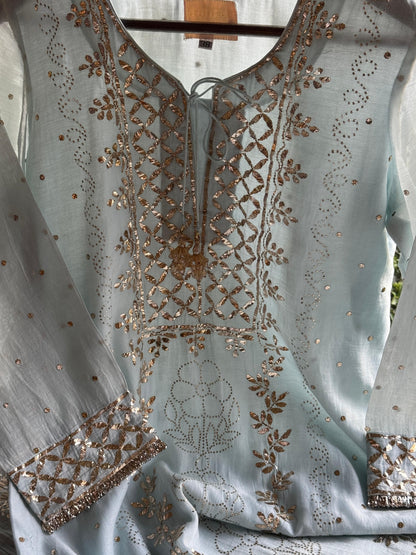 Ice Blue Mukaish Mul Chanderi Silk Ready To Wear Dress