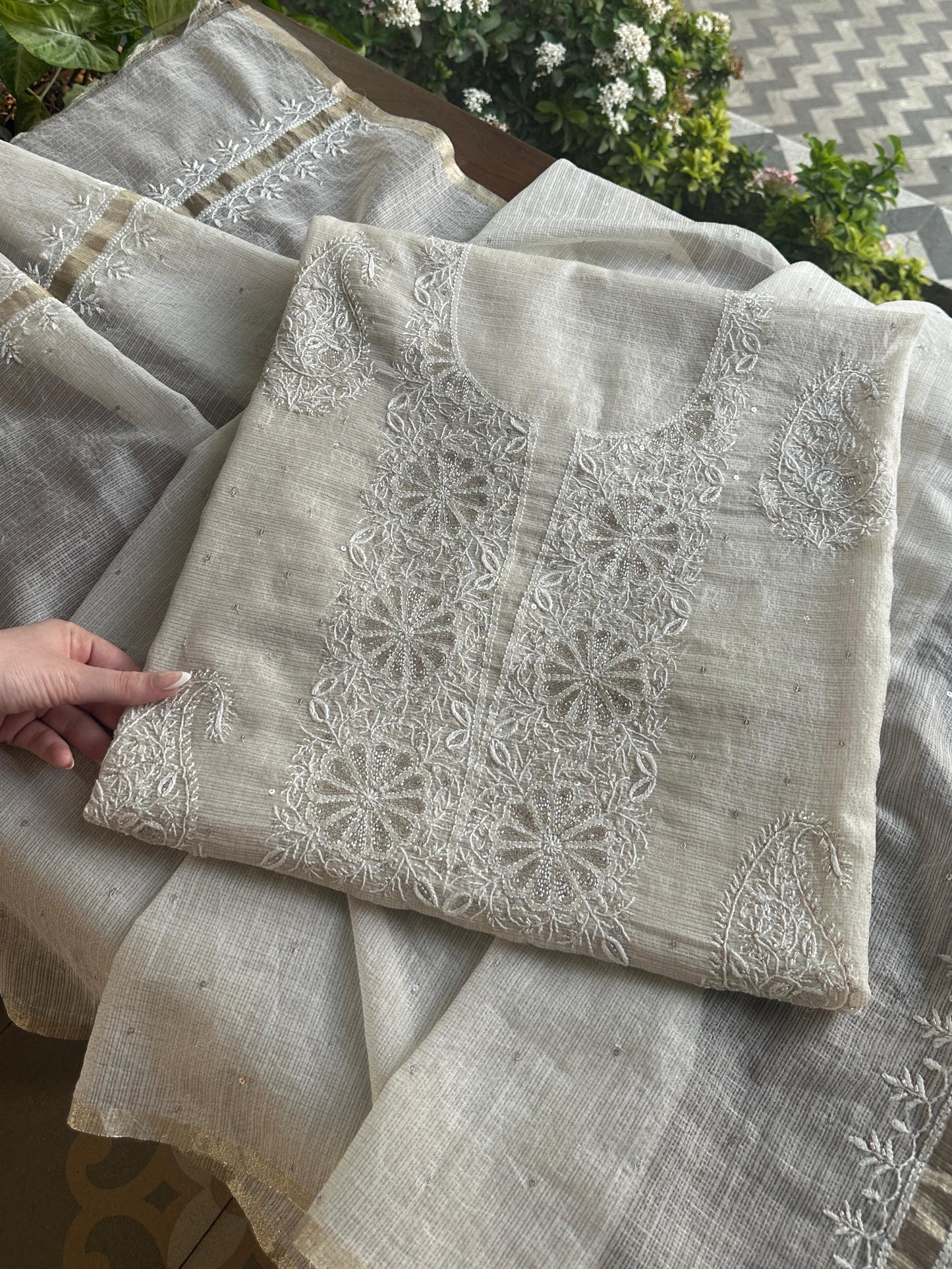 Off White Shade Tissue Zari Kota Chikankari Unstitched Fabric