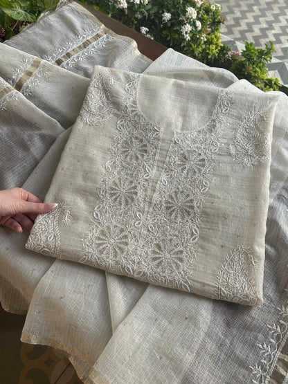 Off White Shade Tissue Zari Kota Chikankari Unstitched Fabric