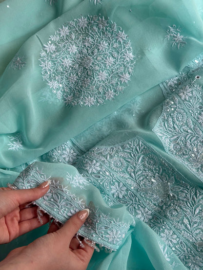 Aqua Green shade Georgette Mirror Work Chikankari Kurta Dupatta Set