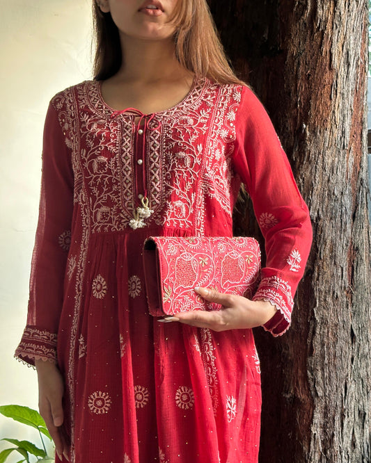 Red Kota Chikankari with Mukaish Kamdani Tunics