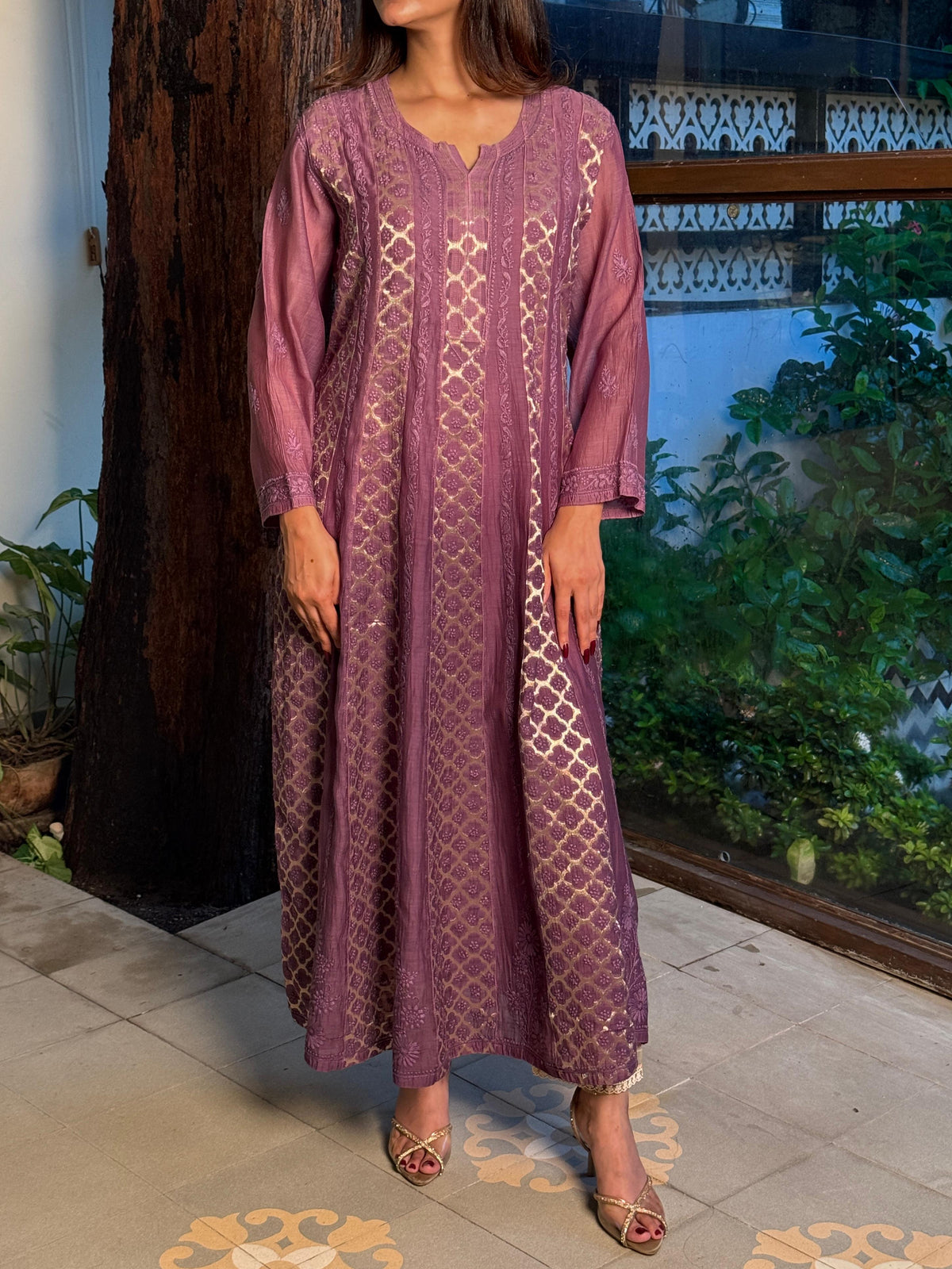 Purple Zari Chanderi Chikankari A Line Kurta with Slip
