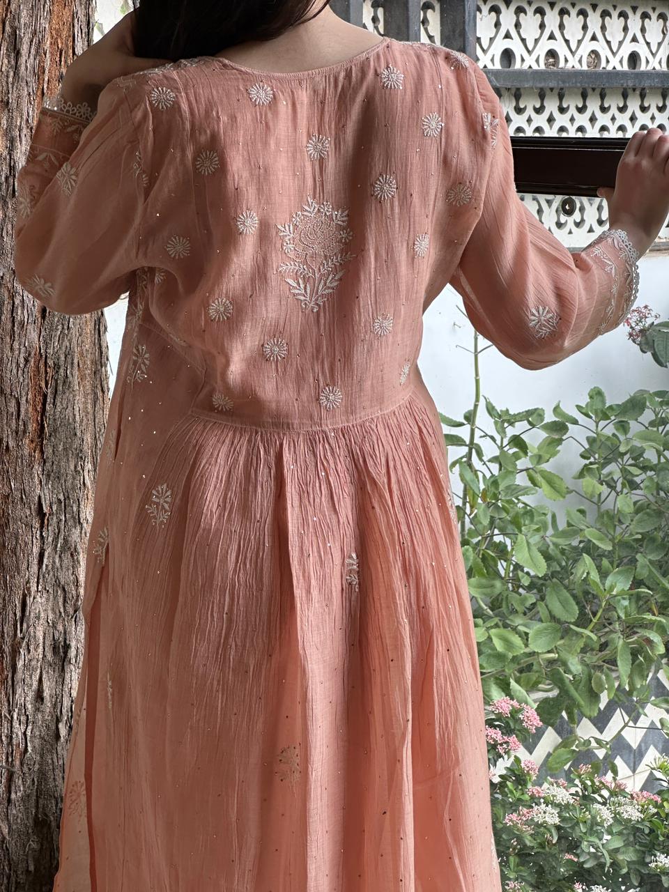 Peach Shade Malmal Mukaish Kamdani Kurta Set