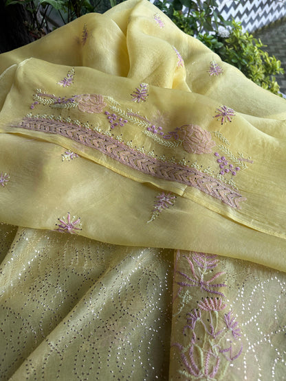 Pineapple Yellow | Noor Organza Silk Chikankari With Kamdani Fabric