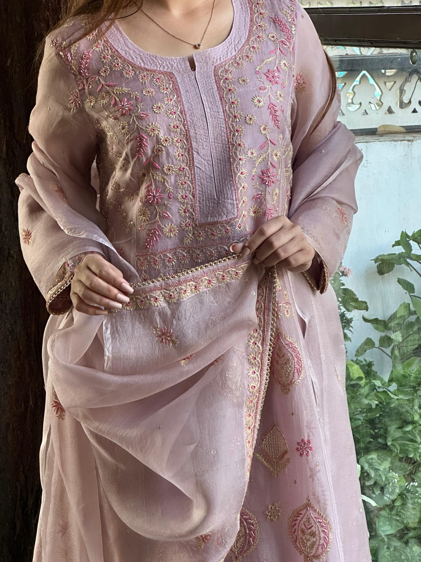 Mauve Pink Shade Noor Organza Chikankari A Line Kurta With Dupatta