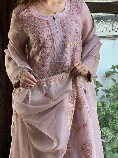 Mauve Pink Shade Noor Organza Chikankari A Line Kurta With Dupatta