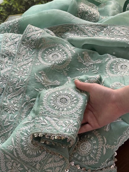 Mint Green Sparrow Motif Noor Organza Chikankari Saree With Blouse
