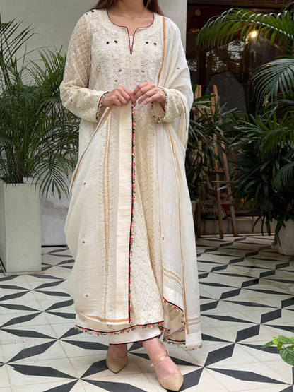 Off White Shade Malmal Pearl Work Chikankari A Line Kalidar Kurta With Dupatta