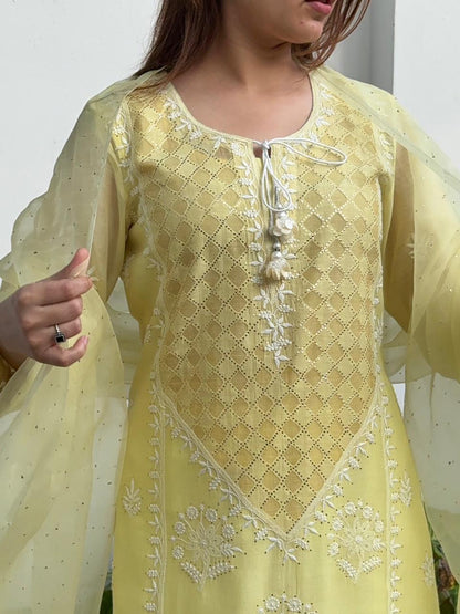 Lemon Custard Daraz Applique Chikankari Mukaish Kurta Dupatta Set