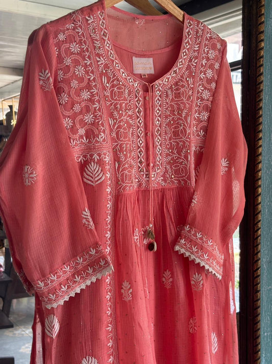Carrot Pink Kota Chikankari Kurta With Mukaish Work