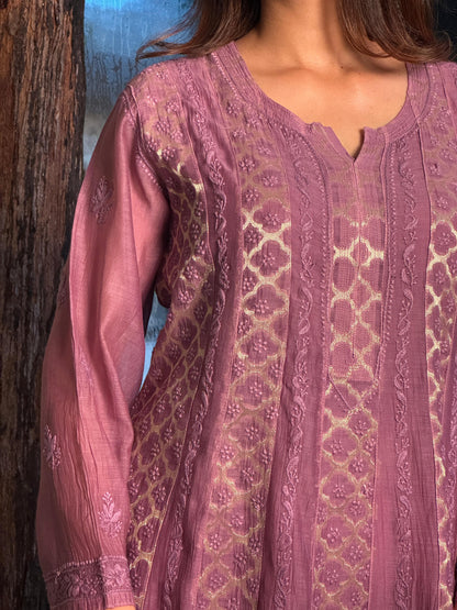 Purple Zari Chanderi Chikankari A Line Kurta with Slip