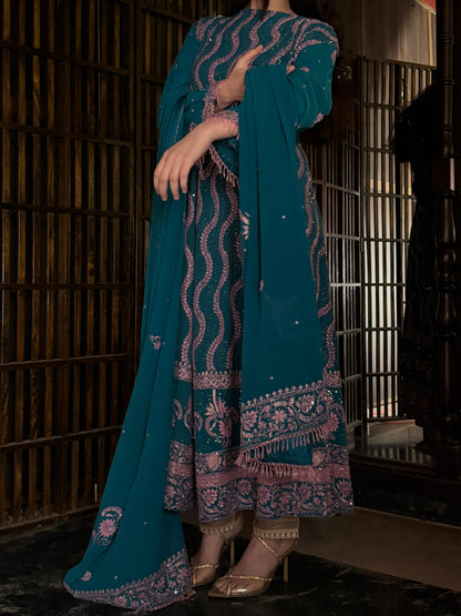 Prussian Blue Sequinned Georgette Chikankari Anarkali