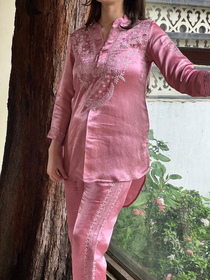 Deep Blush Pink Satin Shimmer Chikankari Co-Ord Set