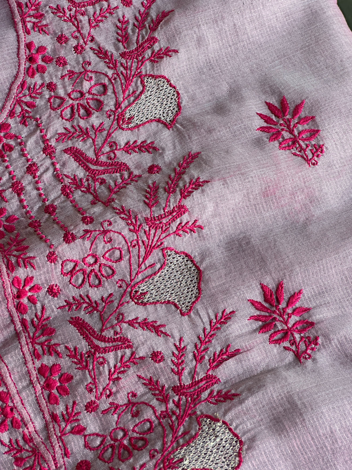 Mauve Pink Shade Kota Chikankari Unstitched Suit Fabric