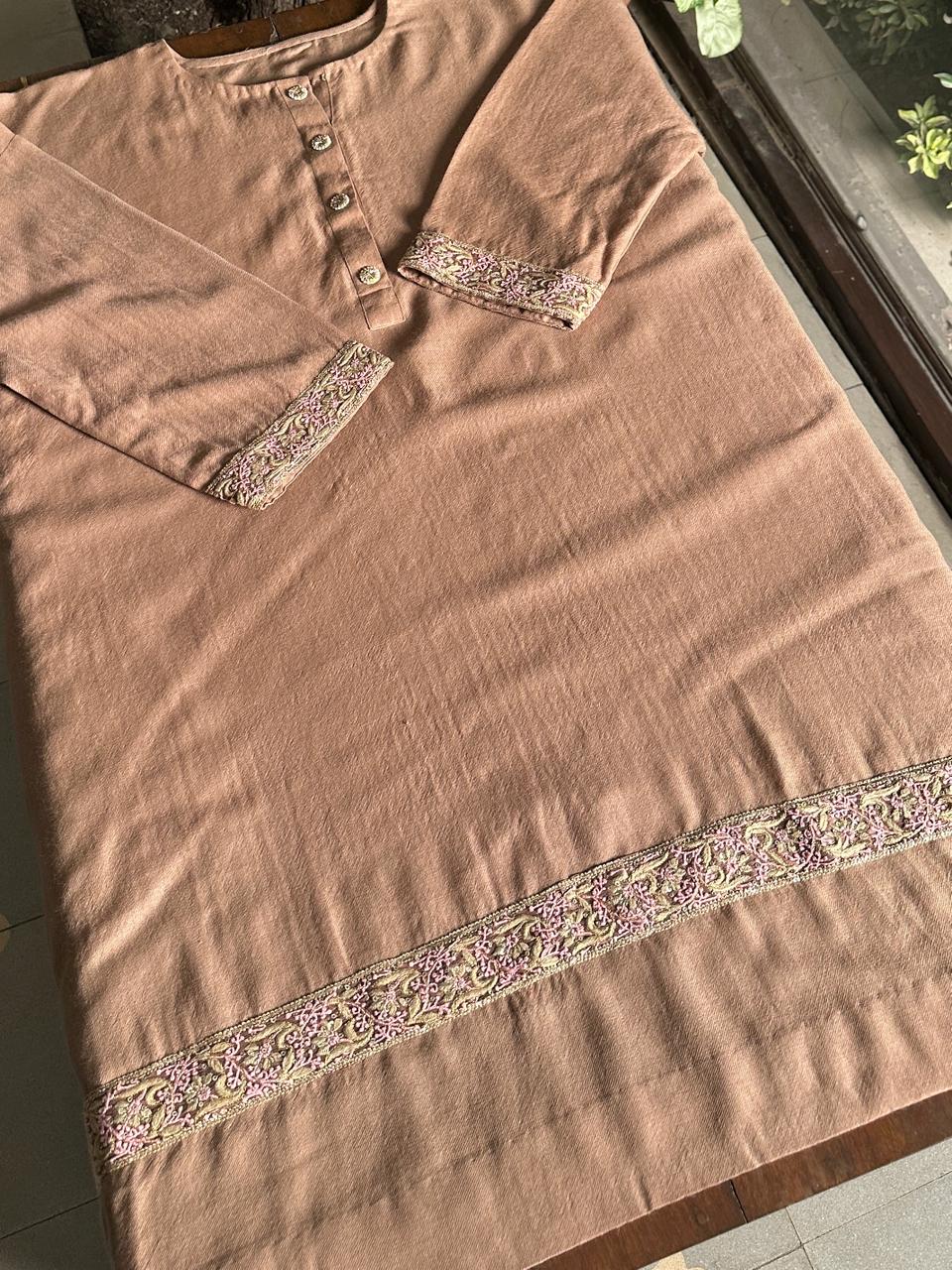 Mocha Brown Shade Kashmiri Pashmina Phiran with Handcrafted Ari & Chikankari Embroidery