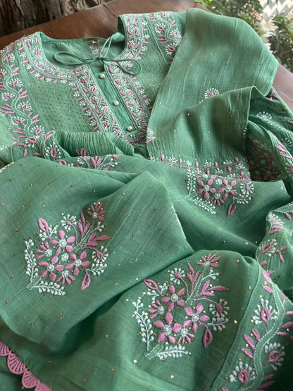 Green & Soft Pink Shade | Malmal Mukaish Kamdani Chikankari Stitched Kurta Dupatta Set