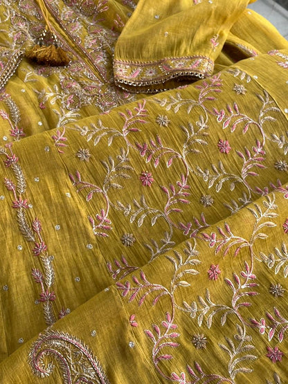 Yellow Shade Tissue Silk Chikankari Anarkali With Ari Work