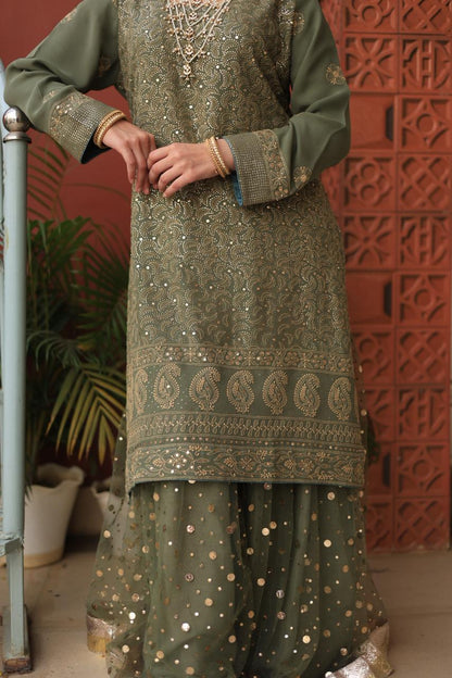 Mehndi Green Chikankari Pure Georgette Kurta Gharara Set with Kalamkari Dupatta