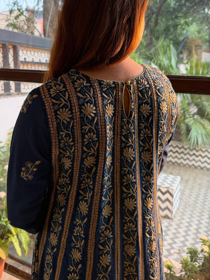 Roheen Blue Moonga Silk Chikankari Anarkali With Dupatta
