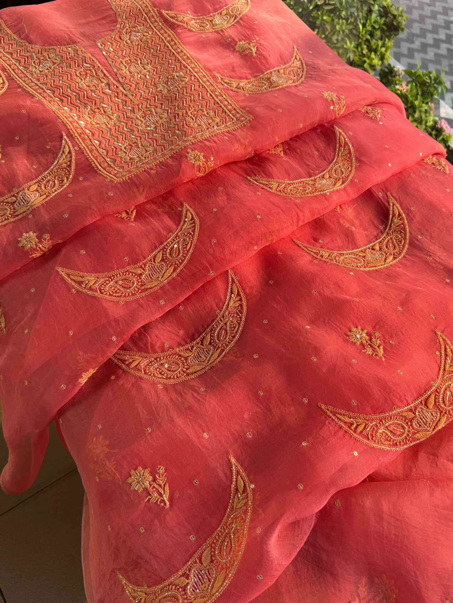Peach Shade Noor Organza Silk Chikankari Unstitched Fabric