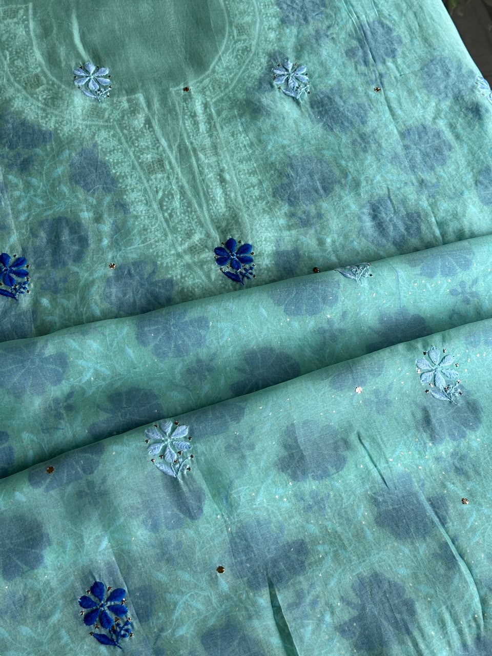 Blue Noor Organza Silk Chikankari With Kamdani Fabric