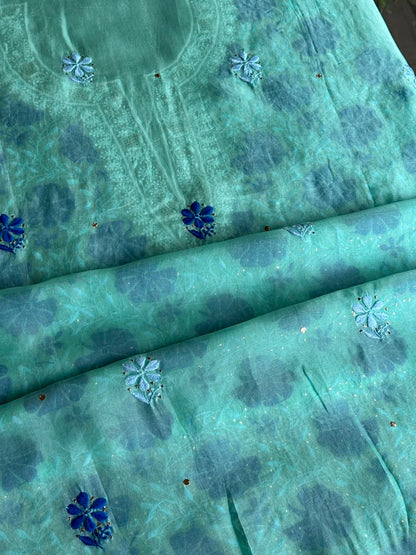 Blue Noor Organza Silk Chikankari With Kamdani Fabric