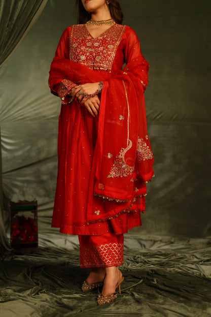 Red & Purple Maheshwari Silk Awadhi Zardosi Kurta Set