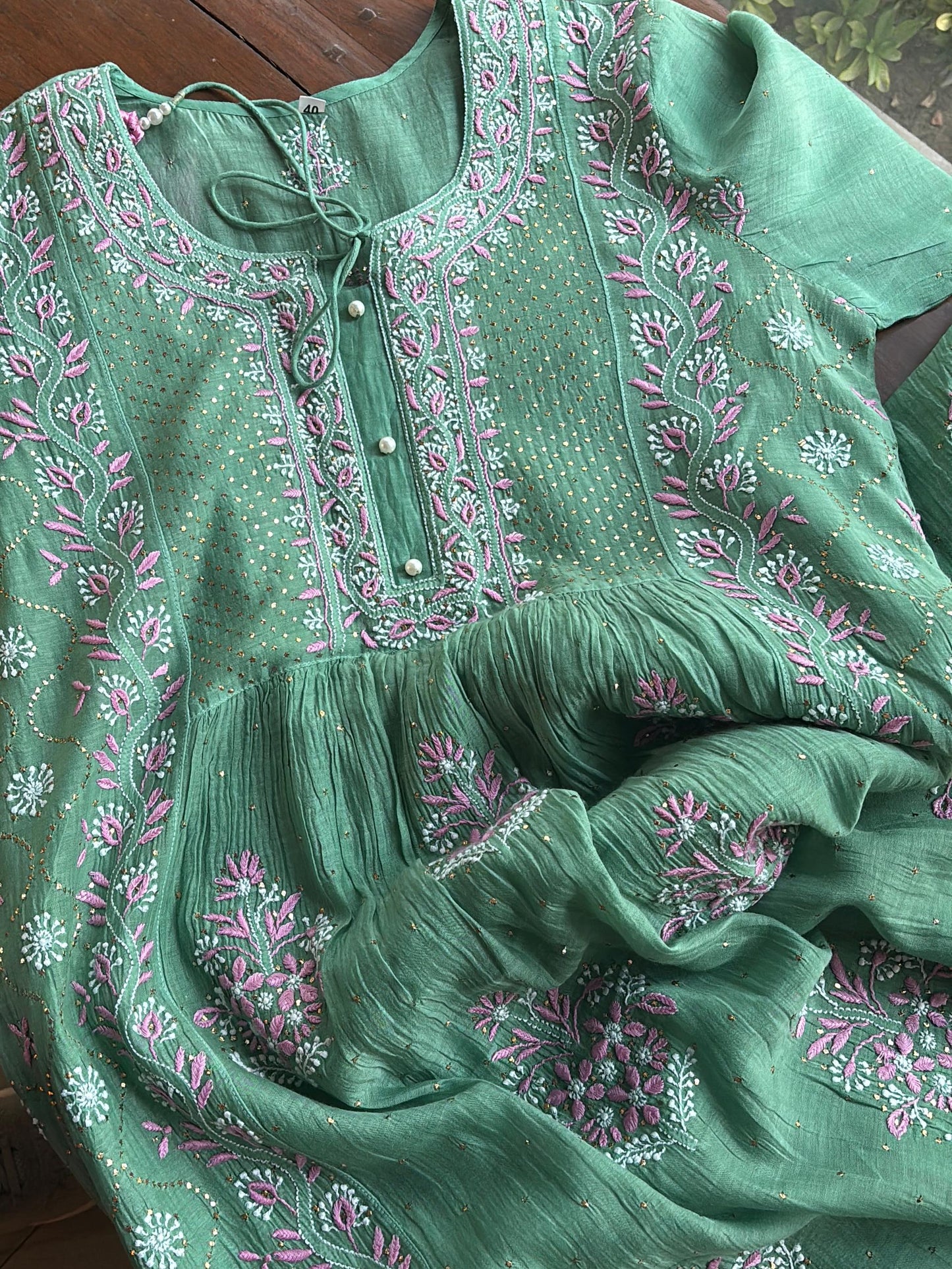 Green & Soft Pink Shade | Malmal Mukaish Kamdani Chikankari Stitched Kurta Dupatta Set