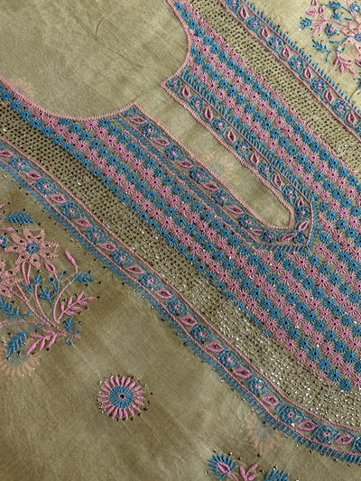 Yellow Multi Shade Organza Silk Chikankari Unstitched Fabric