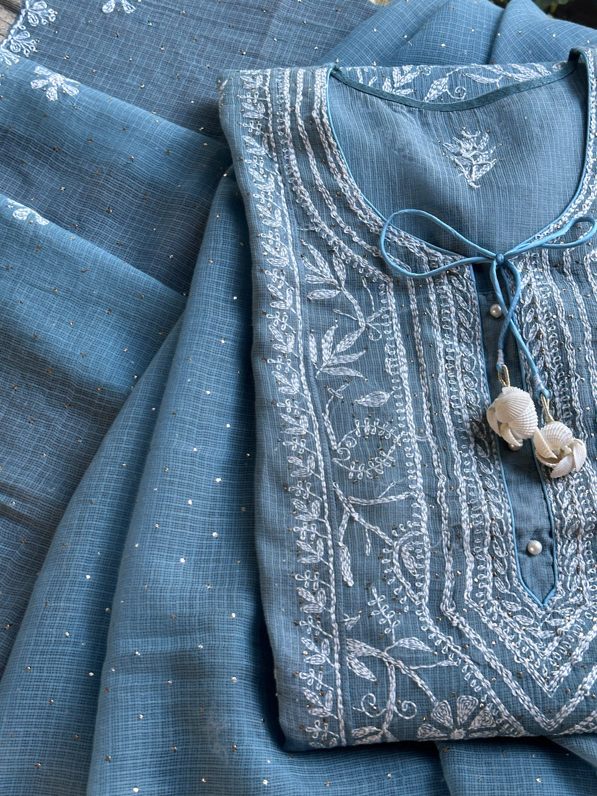 Blue Shade Semi Stitched Kota Tepchi Chikankari Kurta Dupatta Set