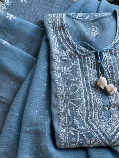 Blue Shade Semi Stitched Kota Tepchi Chikankari Kurta Dupatta Set