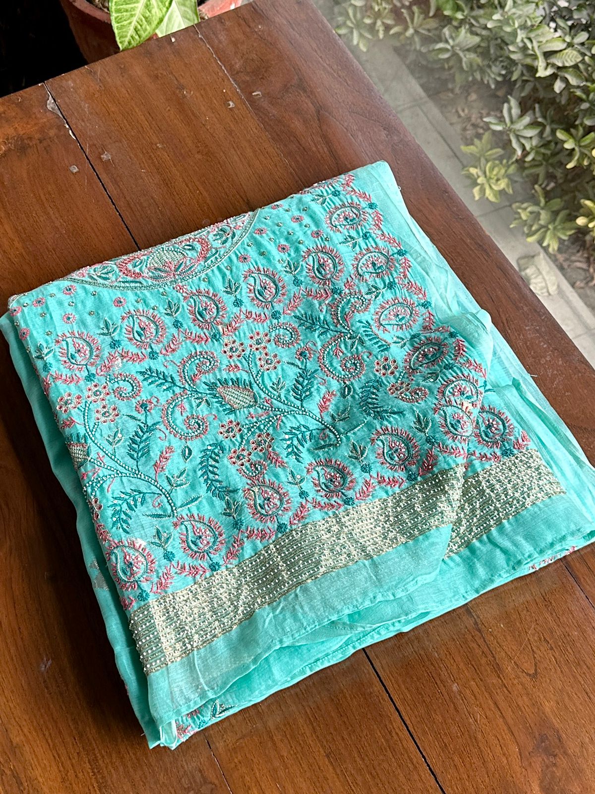 Aqua Green Shade Chanderi Chikankari Saree