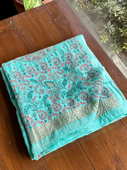 Aqua Green Shade Chanderi Chikankari Saree
