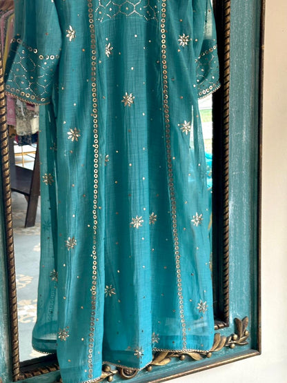 Sea Green Shade Mukaish Mul Chanderi Silk Dress
