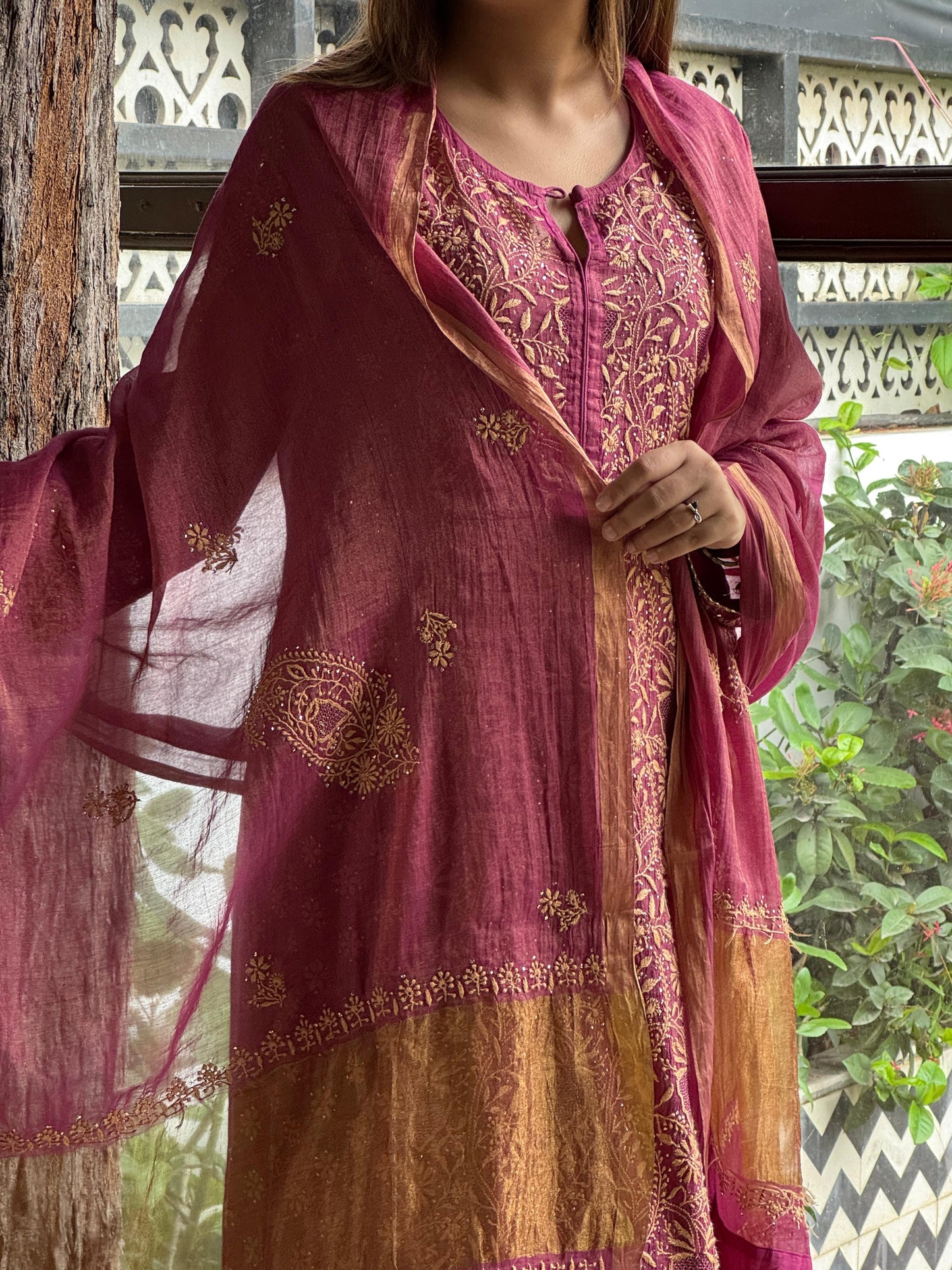 Cranberry Pink Shade Tissue Silk Chikankari Straight Cut Kurta Dupatta Set