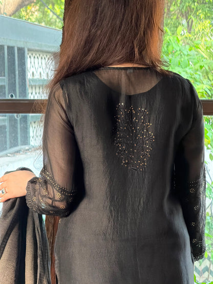 Black Kosha Mukaish Kamdani Noor Organza Chikankari Kurta Set