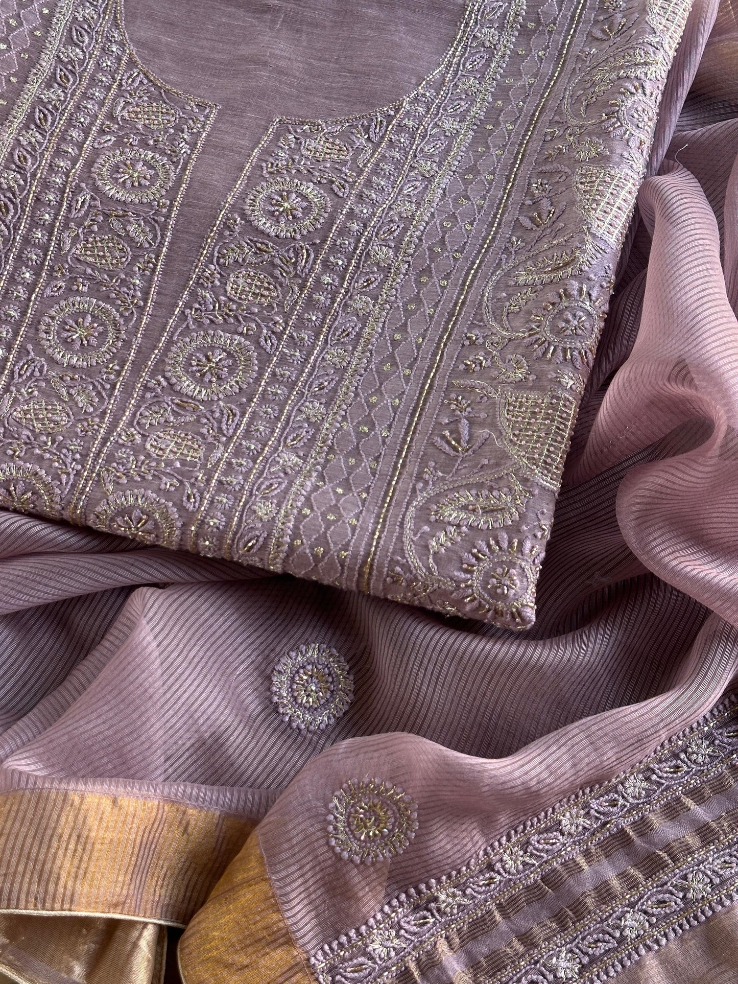 Purple Shade Linen Silk Chikankari With Ari Work Unstitched Kurta Dupatta Set