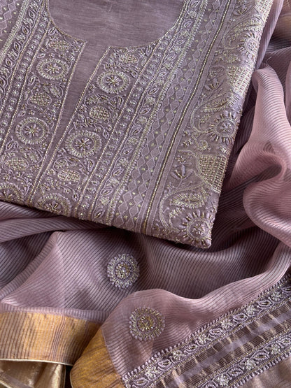 Purple Shade Linen Silk Chikankari With Ari Work Unstitched Kurta Dupatta Set