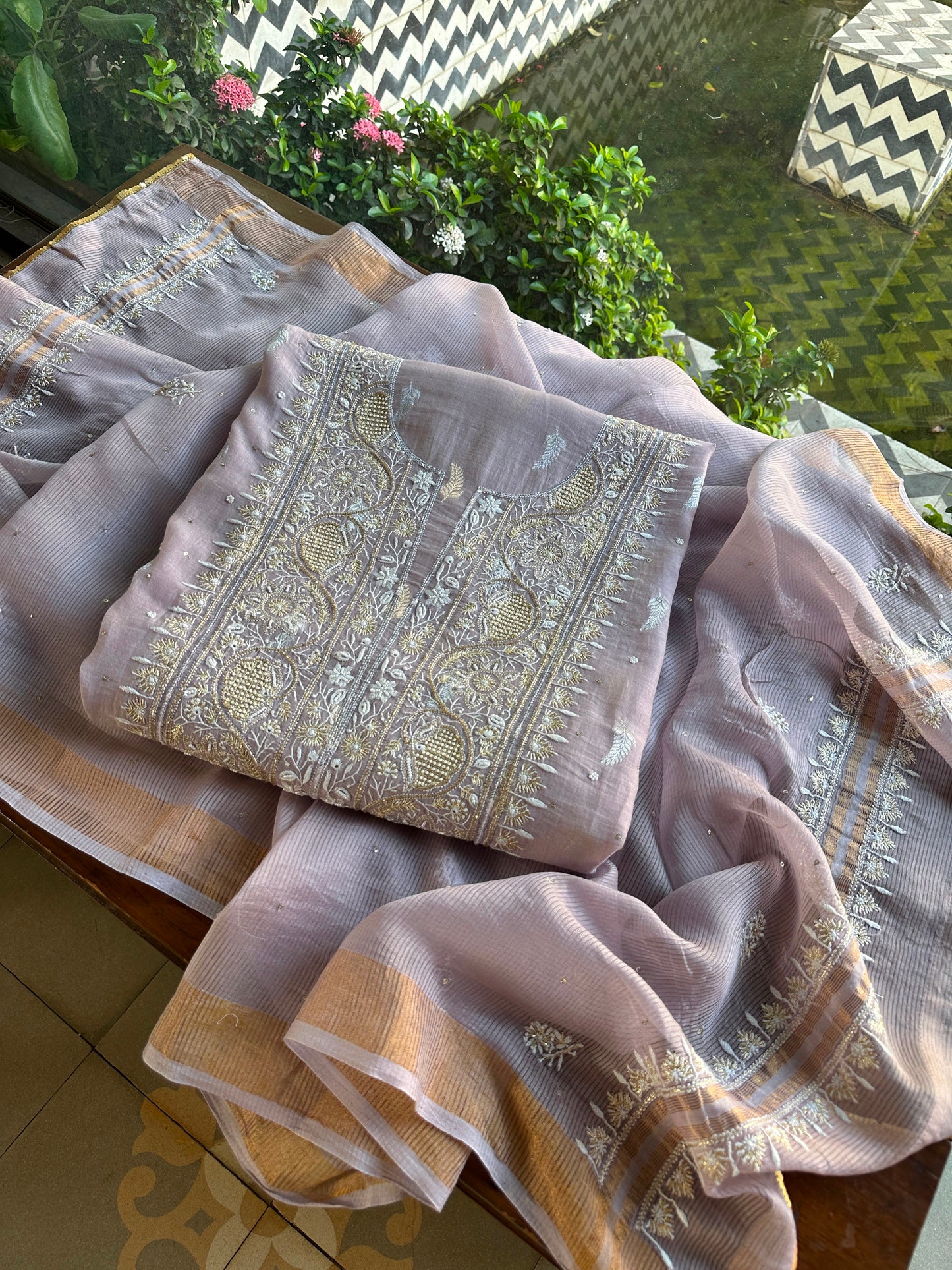 Lavender Shade Banarasi Zari Chanderi Unstitched Chikankari Fabric