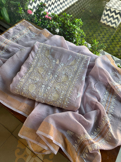 Lavender Shade Banarasi Zari Chanderi Unstitched Chikankari Fabric