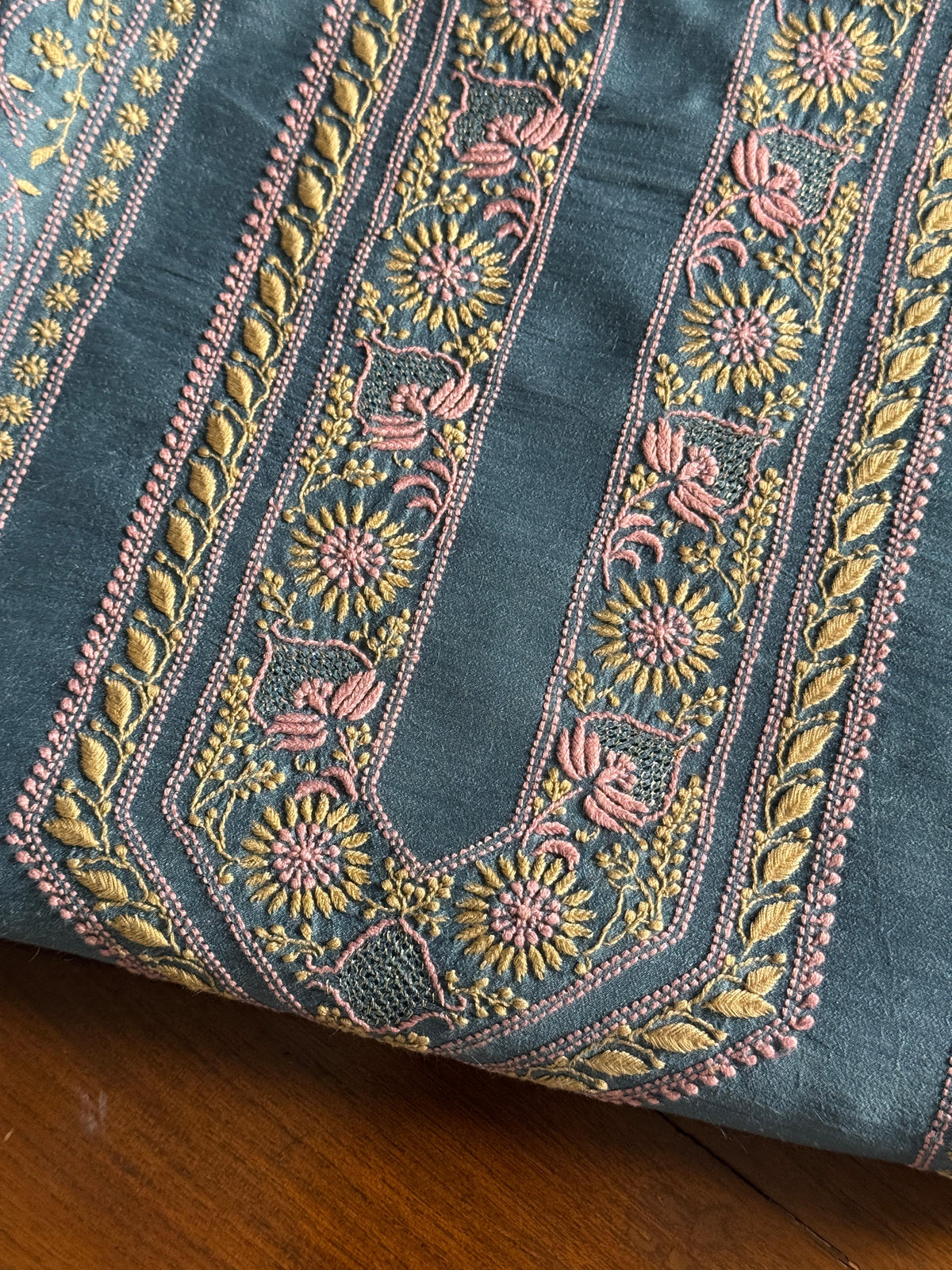 Blue Shade Moonga Silk Chikankari Men’s Kurta Fabric