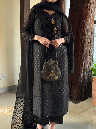Black Kosha Mukaish Kamdani Noor Organza Chikankari Kurta Set