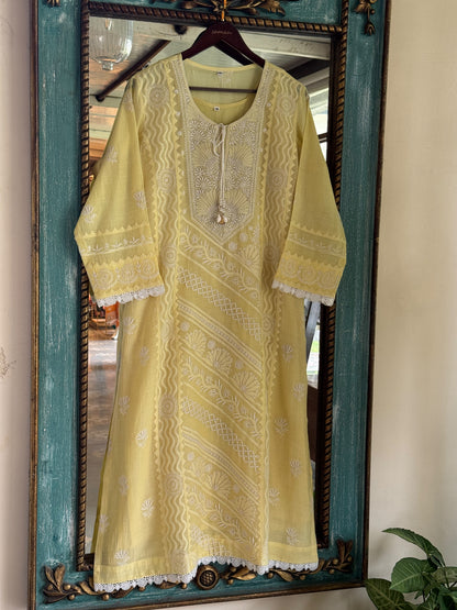 Yellow Shade Malmal Straight Cut Applique Chikankari Pearl & Sequins Kurta Set