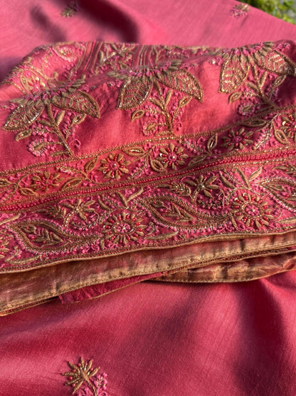 Pink Moonga Silk Chikankari Unstitched Fabric