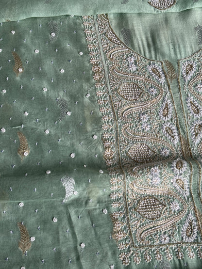 Mint Green Shade Banarasi Zari Chanderi Unstitched Chikankari Fabric